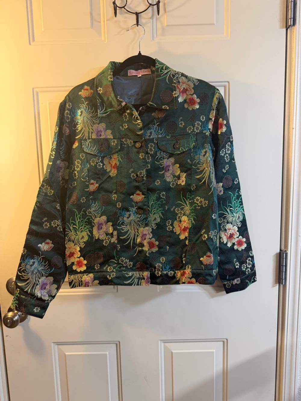 ✨ Brocade Floral Statement Jacket Green Gold Asian Inspired Size L